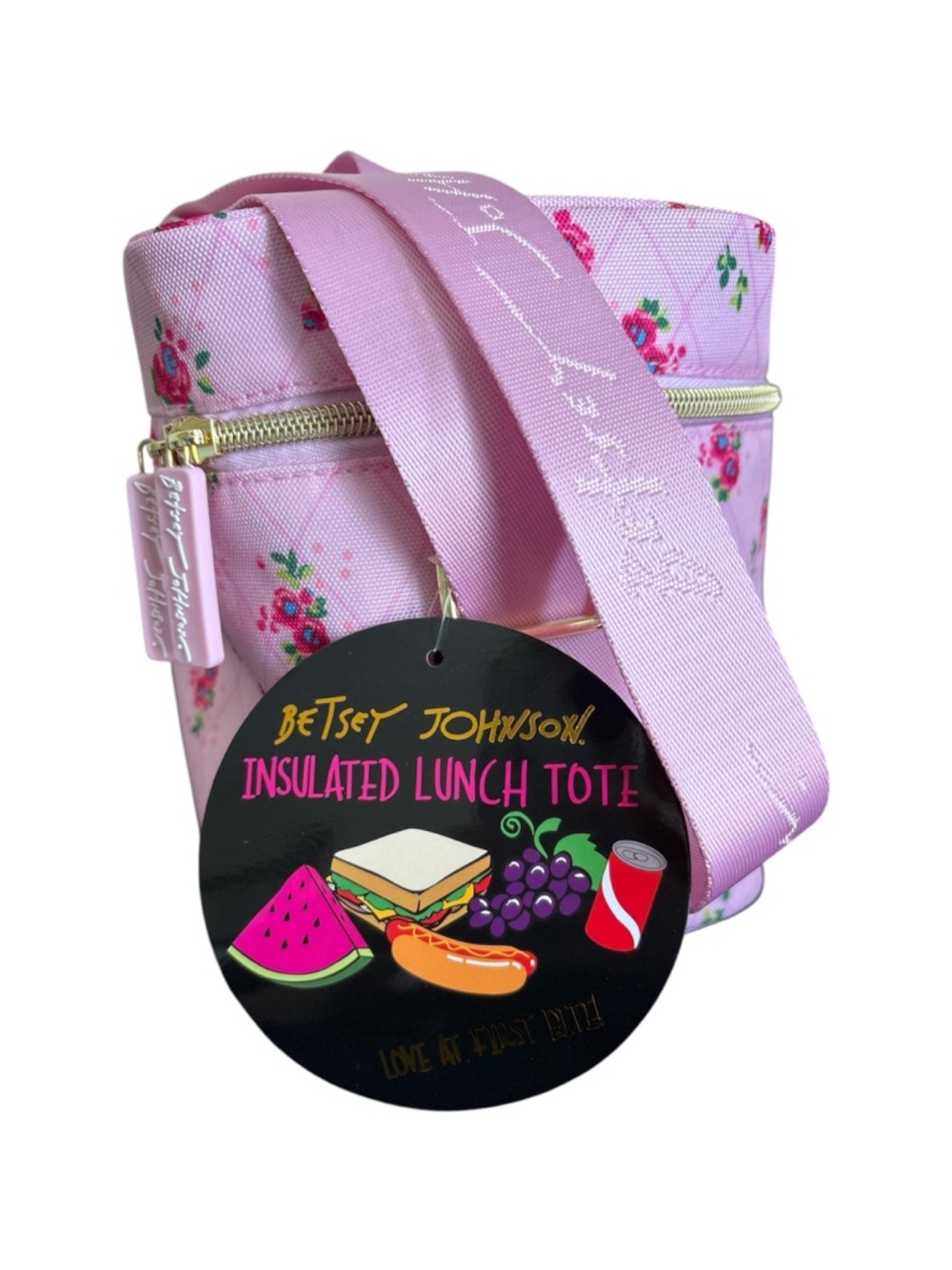 Betsey Johnson Pink Floral Zip Top Insulated Lunch Tote w/ Adjustable Strap NWT - Picture 2 of 4
